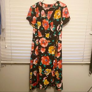 Bright Floral Midi Short Sleeve Wrap Dress